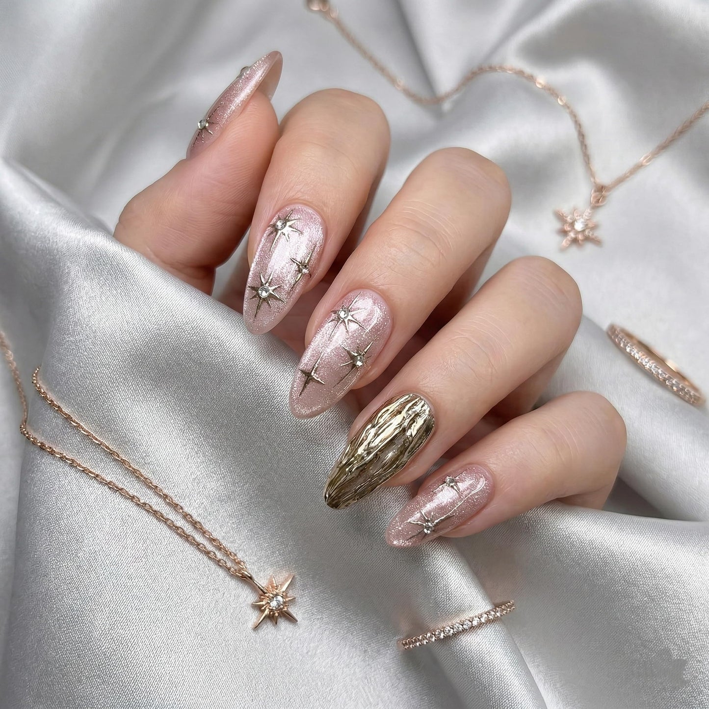 Medium Press on Nails Almond Fake Nails Cat eyeAcrylic Nail Press ons SEENEEY Silver Moon and Stars Designs Cat eye Stick on Nail for Women 30pcs