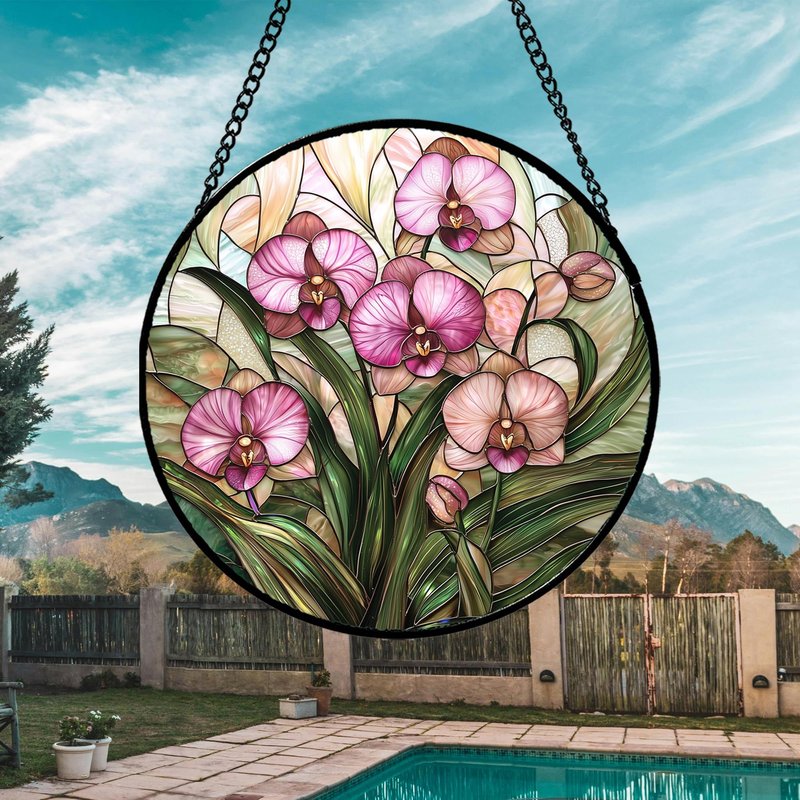 AMDERVEN Stained Glass Window Hanging - Pink Phalaenopsis Orchid Green Leaves Sun Catcher for Door Home Decor Flower Suncatcher Christmas Mother's Day Birthday Gifts for Women Men Mom Nana 7.8 in