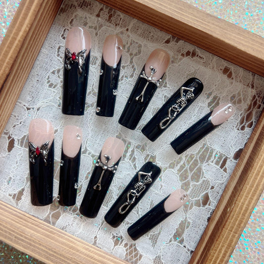 NAIL ANGEL 10PCS/SET Handmade Press On Nails Glitter Dark Metal 3D Cross Butterfly Charms French Style Long Coffin Nails Party Nails XXL Long Artifical Tips ZJ-11 (ZJ11, S)