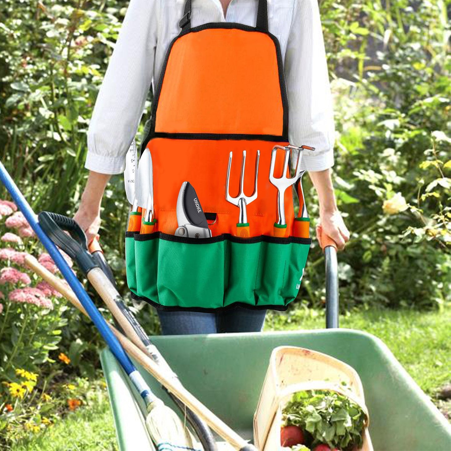 UKOKE Garden Tool Set, 12 Piece Aluminum Hand Tool Kit, Garden Canvas Apron with Storage Pocket, Outdoor Tool, Heavy Duty Gardening Work Set with Ergonomic Handle, Gardening Tools for women men