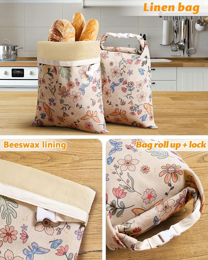 2 Pack Beeswax Bread Bags for Sourdough,Reusable Organic Linen Beeswax Bread Bag for Homemade Sourdough 17 x 12.6 Inches Food Storage Cloth Bag – Freezer-Friendly & Freshness Preservation