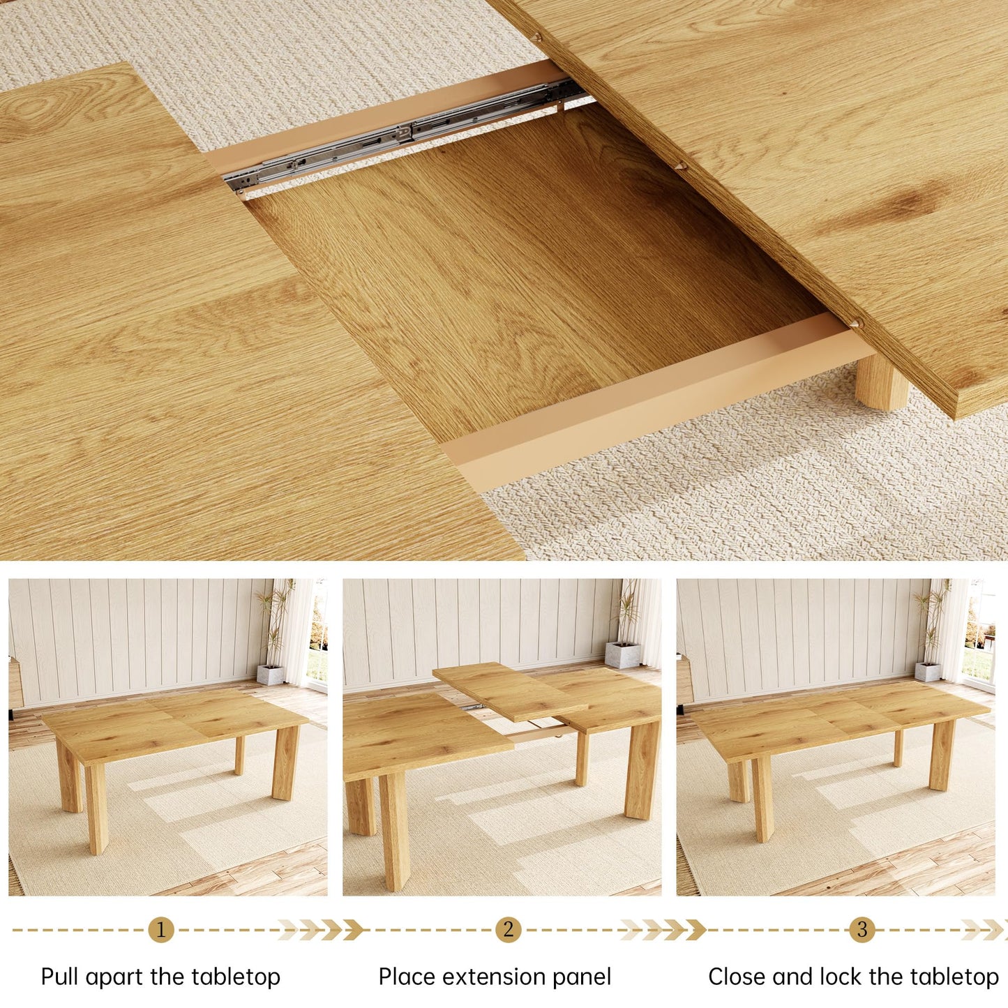 HIPIHOM Extendable Dining Table for 6-8 People, 63 to 78.7 Inch Rectangular MDF Table, Farmhouse Rustic Style, Space-Saving Design for Dining Room, Kitchen, Meeting