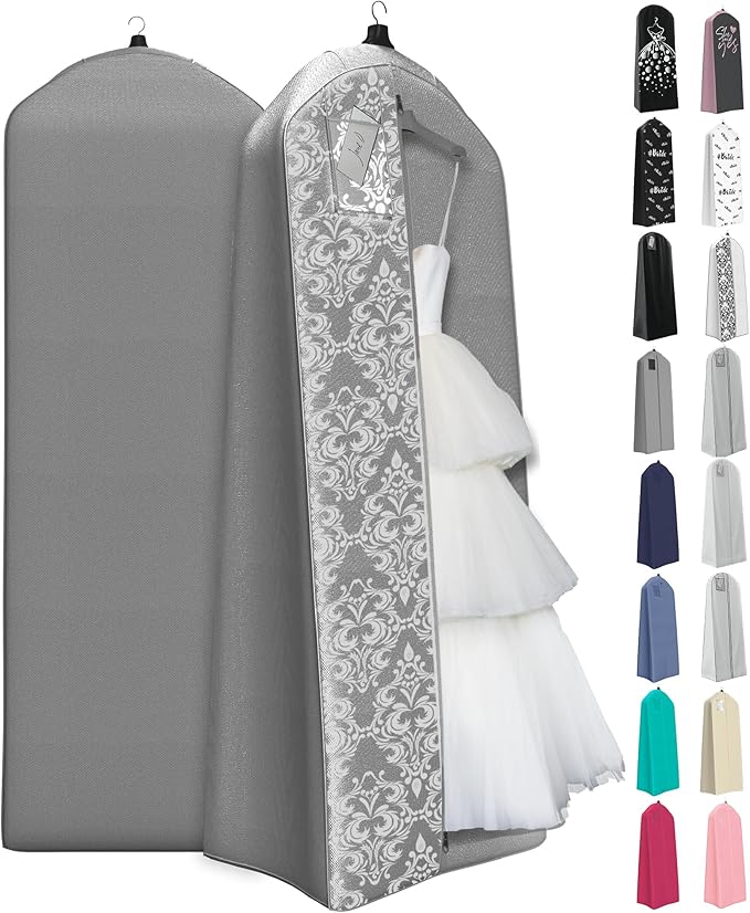Your Bags Wedding Dress Garment Bag â 72" Garment Bags for Hanging Clothes with 20" Gusset for Puffy Gowns â Durable Cover for Travel or Storage â Rip-Resistant with ID Window - Grey/White Damask