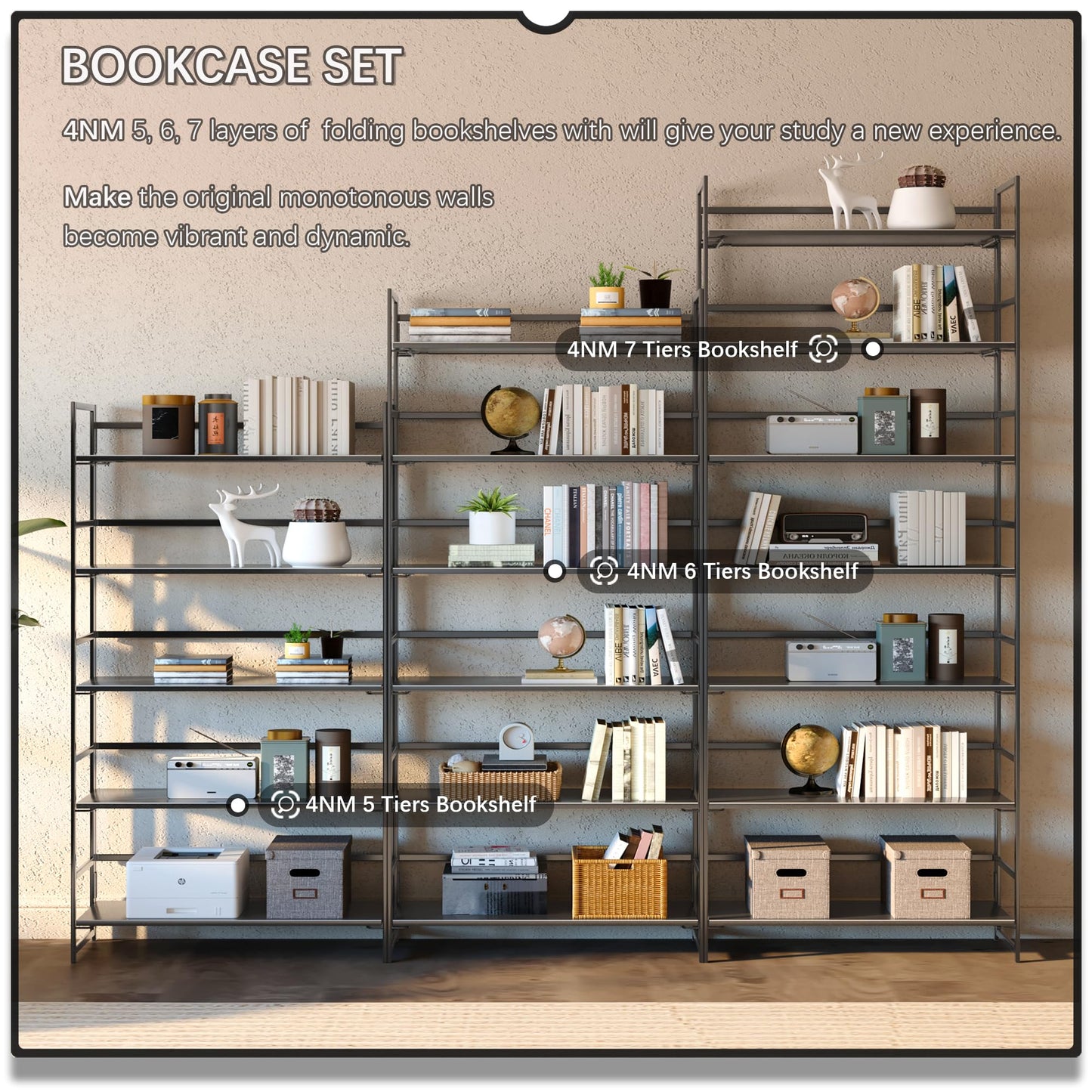 4NM No Assembly 5 Tiers Collapsible Book Shelves, 51.2" H Folding Bookshelf Bookcase Open Industrial Foldable Shelves for Bedroom, Living Room, Home Office - All Black