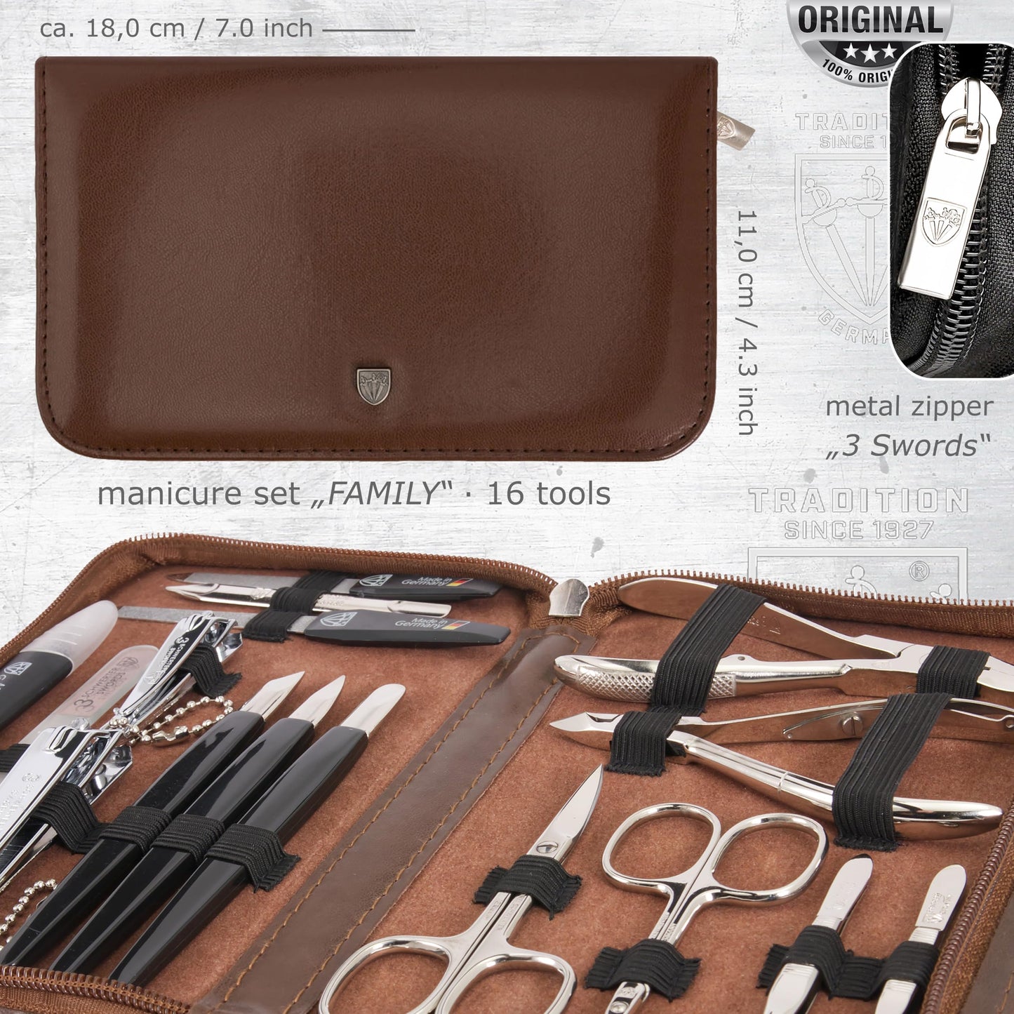 3 Swords Germany - brand quality 16 piece manicure pedicure grooming kit set for professional finger & toe nail care scissors clipper synthetic leather case, Made in Germany