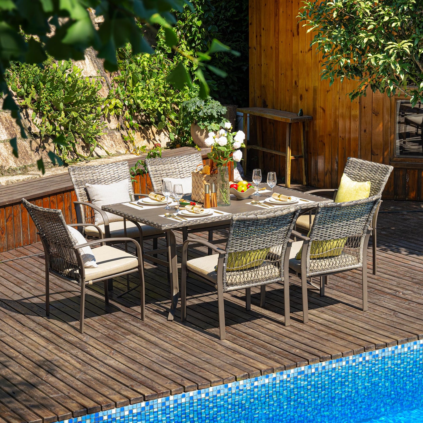 Pamapic 8504 Patio Dining 7 Piece, Outdoor Wicker Furniture Set for Backyard Garden Deck Poolside/Iron Slats Table Top, Removable Cushions, 7 Pack, Beige