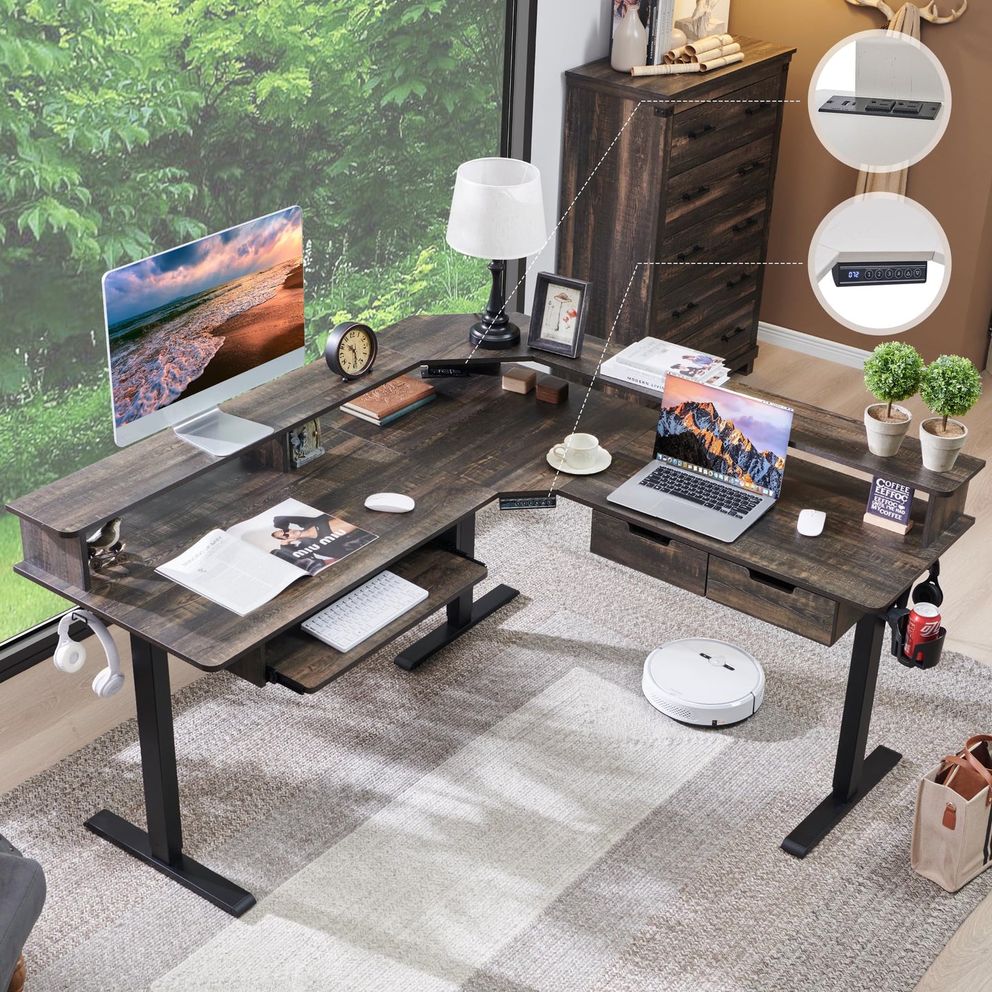 RedLemon 60 Inches L Shaped Electric Standing Desk,Height Adjustable Corner Gaming Desk with Drawers, Keyboard Tray, Power Outlets & LED Lights, Computer Desk with Monitor Shelf, Dark Rustic Oak