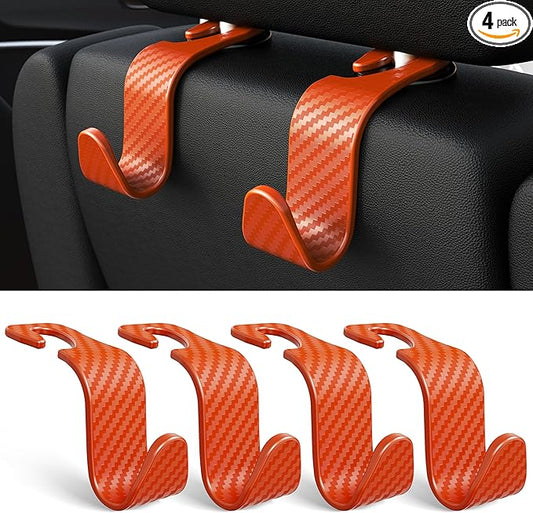 Amooca Car Seat Headrest Hook 4 Pack Hanger Universal Vehicle Car Storage Organizer for Handbag Purse Coat S Type Checkered Orange