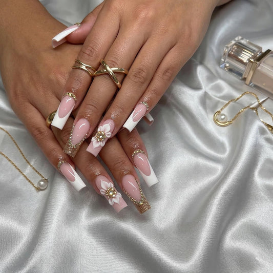 Long Press on Nails Square Fake Nails French White Acrylic Nail Press ons Seeneey Floral and Rhinestones Designs Sparkly Stick on Nail for Women 24pcs