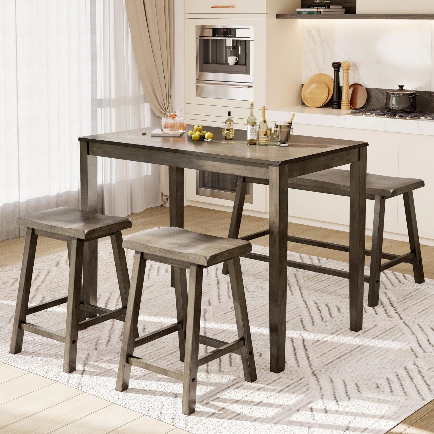 PHI VILLA Counter Height Table and Chairs, Solid Wood Dining Table Set for 4, High Top Kitchen Table Chairs Set of 4, Farmhouse Kitchen Table Set with Bench and Chairs, Smoky Brown