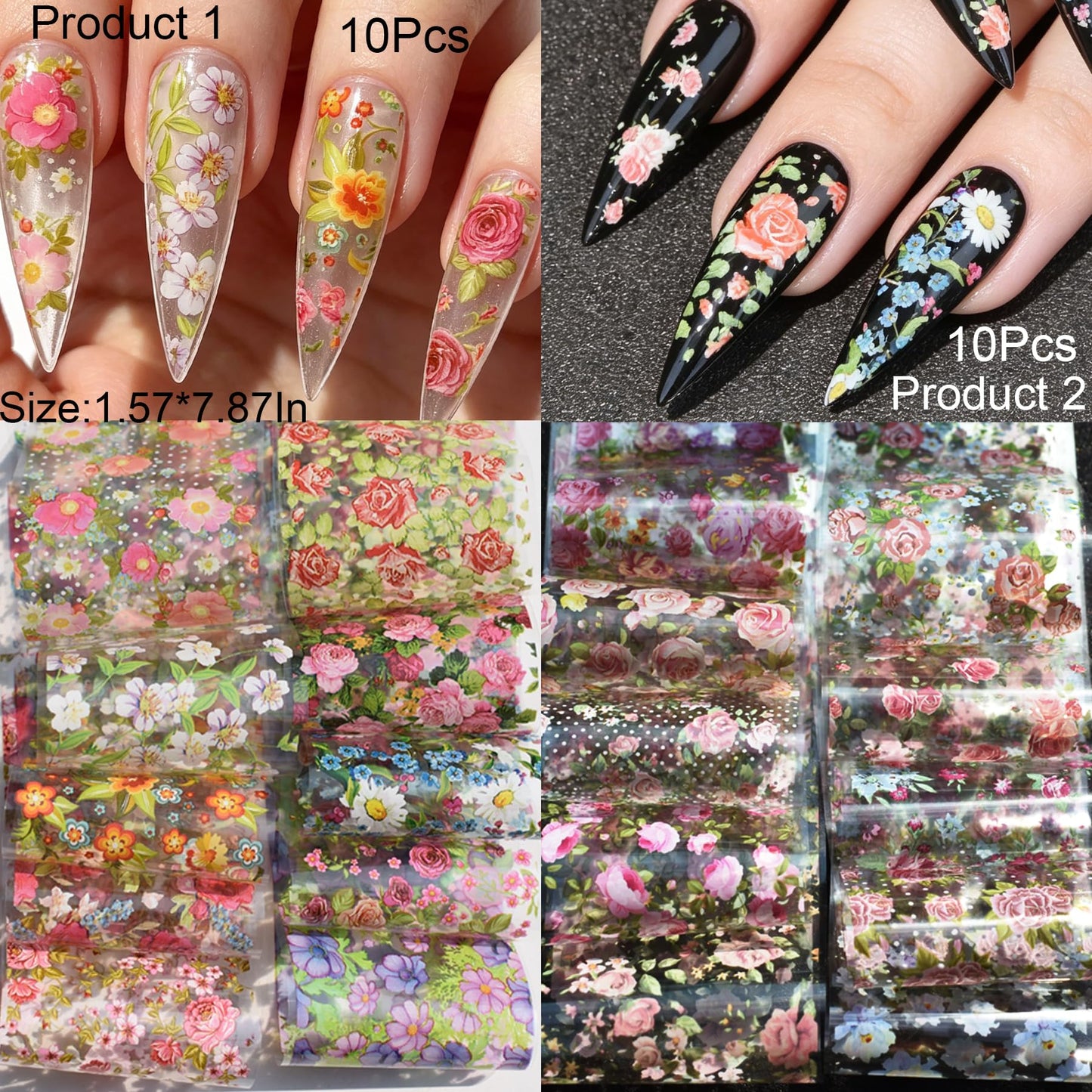 58 Sheets Nail Art Transfer Foil Stickers, 1.57x7.87In Flower Lace Holographic Nail Foil, Iridescent Floral Lace Nail Decals for Women Girls DIY Nail Art Decorations