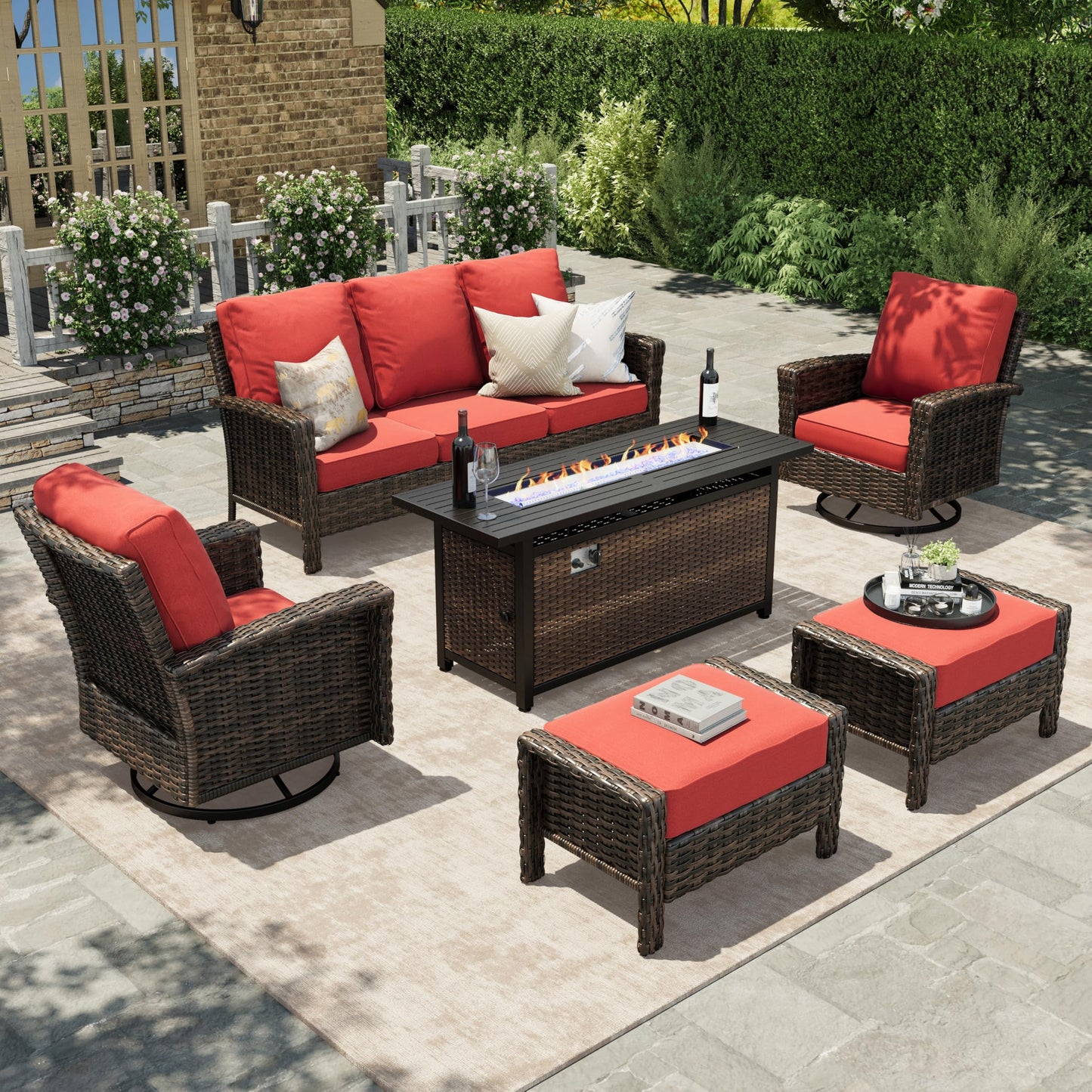 HERA'S HOUSE Red Patio Furniture Set, 6-Piece Outdoor Seating Conversation Sets with High Back Wicker Sofa, Swivel Chairs with 5.5" Thick Cushions, Fire Pit Table & Ottomans for Deck Yard Garden