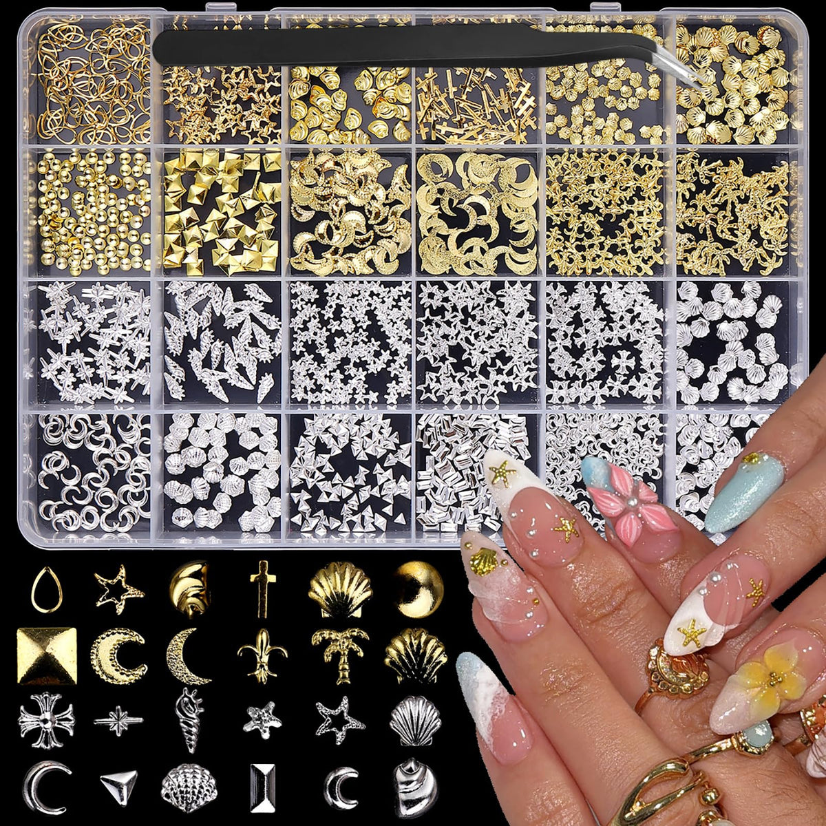 Gold Silver Nail Charms 3D Alloy Flower Nail Gems Metal Moon Star Nail Jewels Multi-Shapes Ocean Beach Starfish Seashell Nail Art Supplies with Tweezer for Women DIY Acrylic Nail 24 Grids 1 Box