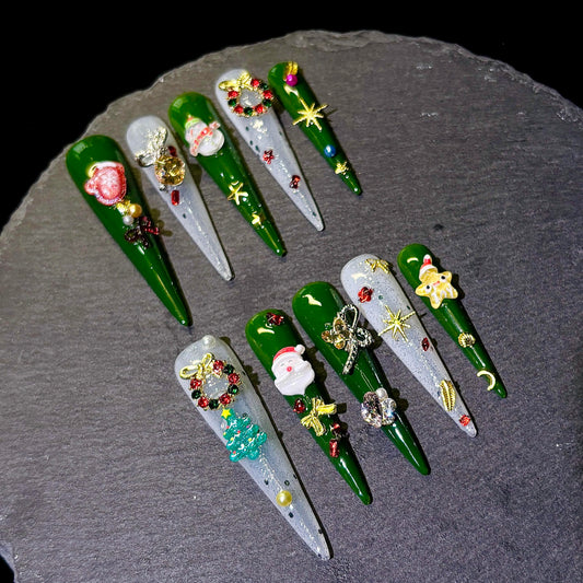 Handmade Press on Nails Medium Almond- Long Fake Nails,3D Unique Reusable ABS Material Fake Nails, Cartoon Snowflake Design False Nails (M, 003)