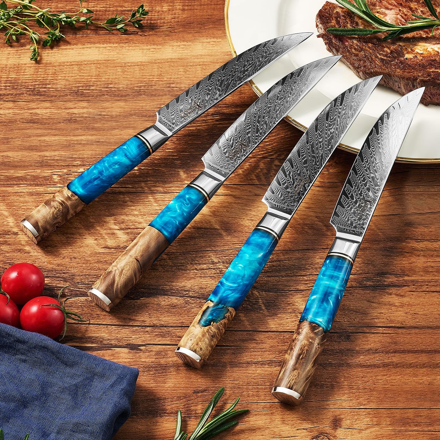 SENKEN Damascus Steak Knife Set - Tsunami Collection - 67-Layer Japanese VG10 Steel - Razor Sharp Non-Serrated Blades, Blue Resin & Natural Wood Pattern Handles, Luxury Gift Box (8 Steak Knife Set)
