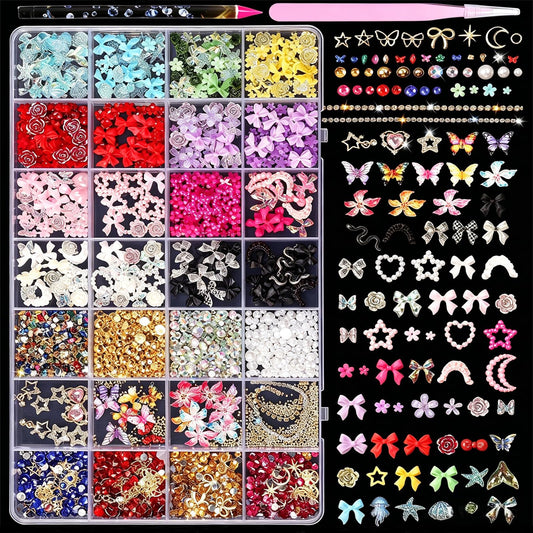 28 Grids Nail Art Decorations Set - 3D Flower Butterfly Bow Star Heart Charms, Rhinestones Gems Pearls, Mixed Metal Nail Jewelry for Acrylic Nails, DIY Manicure Accessories Kit for Women & Girls