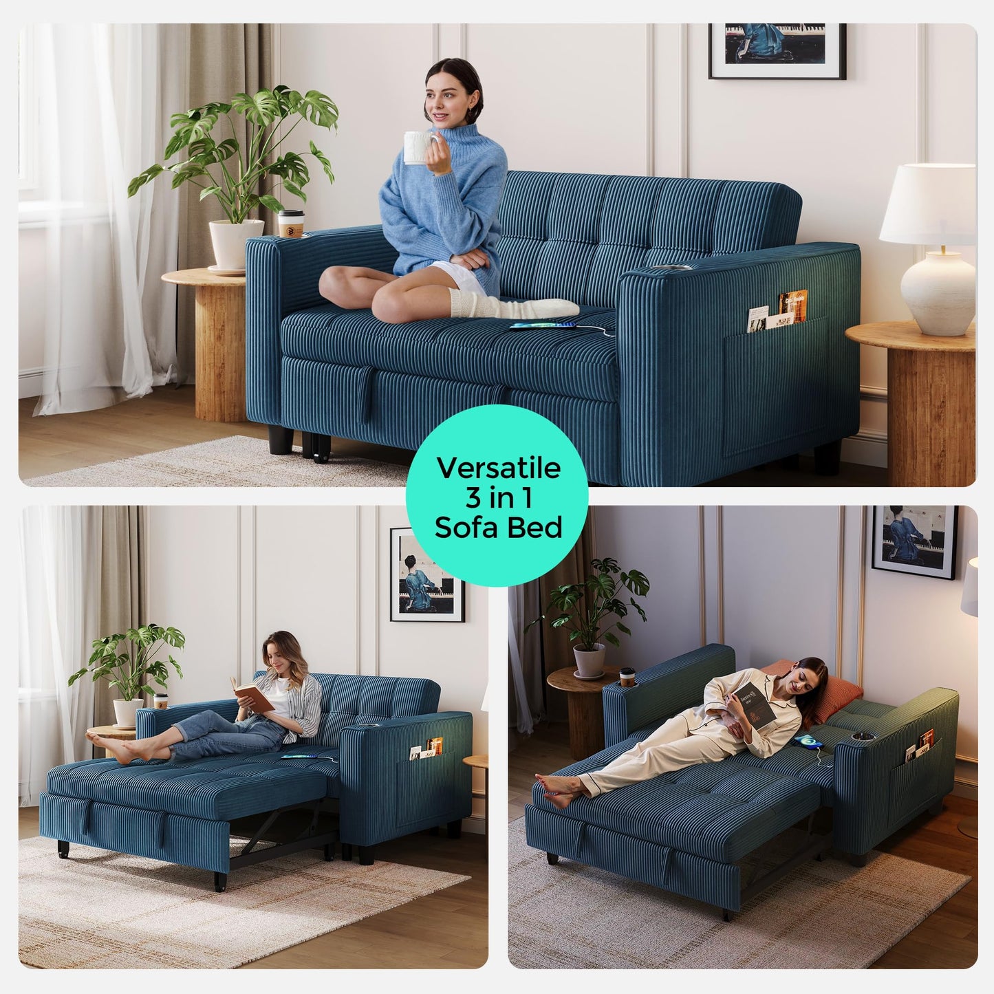 LINSY Sleeper Sofa Bed, 54" Pull Out Couch with Charging Station & Cup Holder, Small 3 in 1 Convertible Loveseat Sleeper Couch for Apartment, Dorm Room, Bedroom and Small Space, Corduroy Blue
