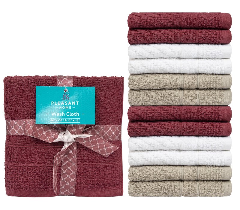 PH Pleasant Home Diagonal Wash Cloths Set - 12 Pack (12” x 12”) – 509 GSM - 100% Ring Spun Cotton Wash Cloth - Super Soft and Highly Absorbent Face Towels (Maroon, White & Tan)