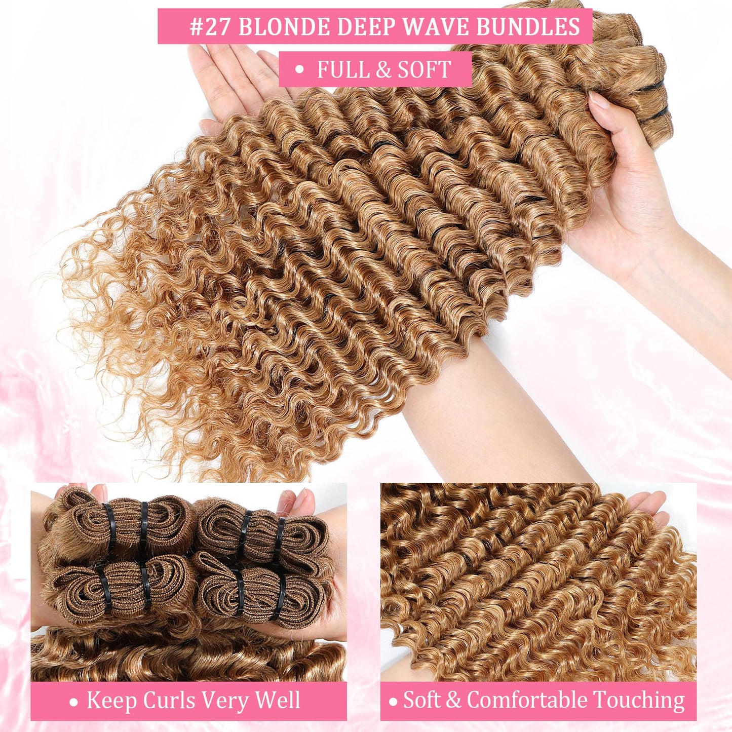 #27 Blonde Deep Wave Human Hair Bundles 20 Inch 12A Brazilian Human Hair Curly 1 Bundle Honey Blonde Wet and Wavy Bundles for Black Women