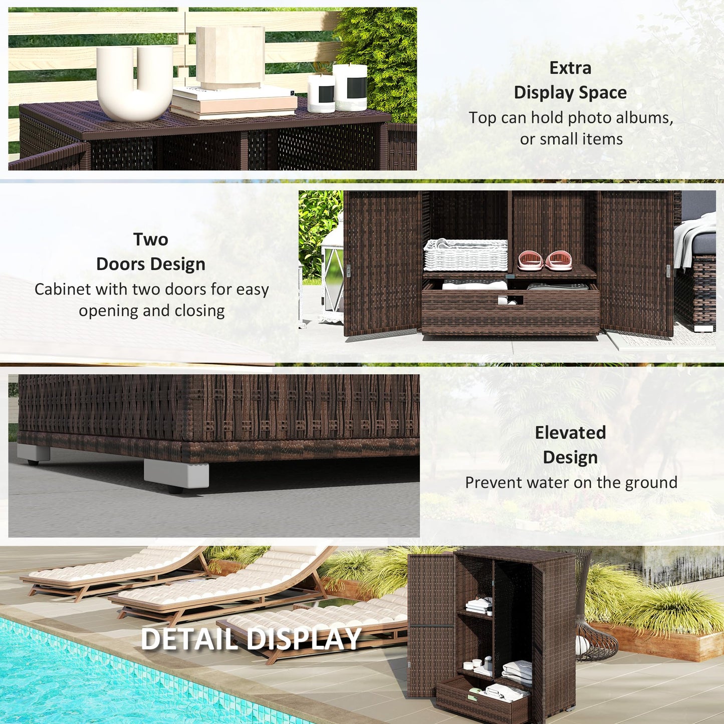 Outsunny Wicker Outdoor Storage Cabinet with Shelves, 2-Door Rattan Pool Towel Storage Cabinet with Removable Shelf & Drawer, Outdoor Towel Holder for Garden, Backyard, Porch, Mixed Brown