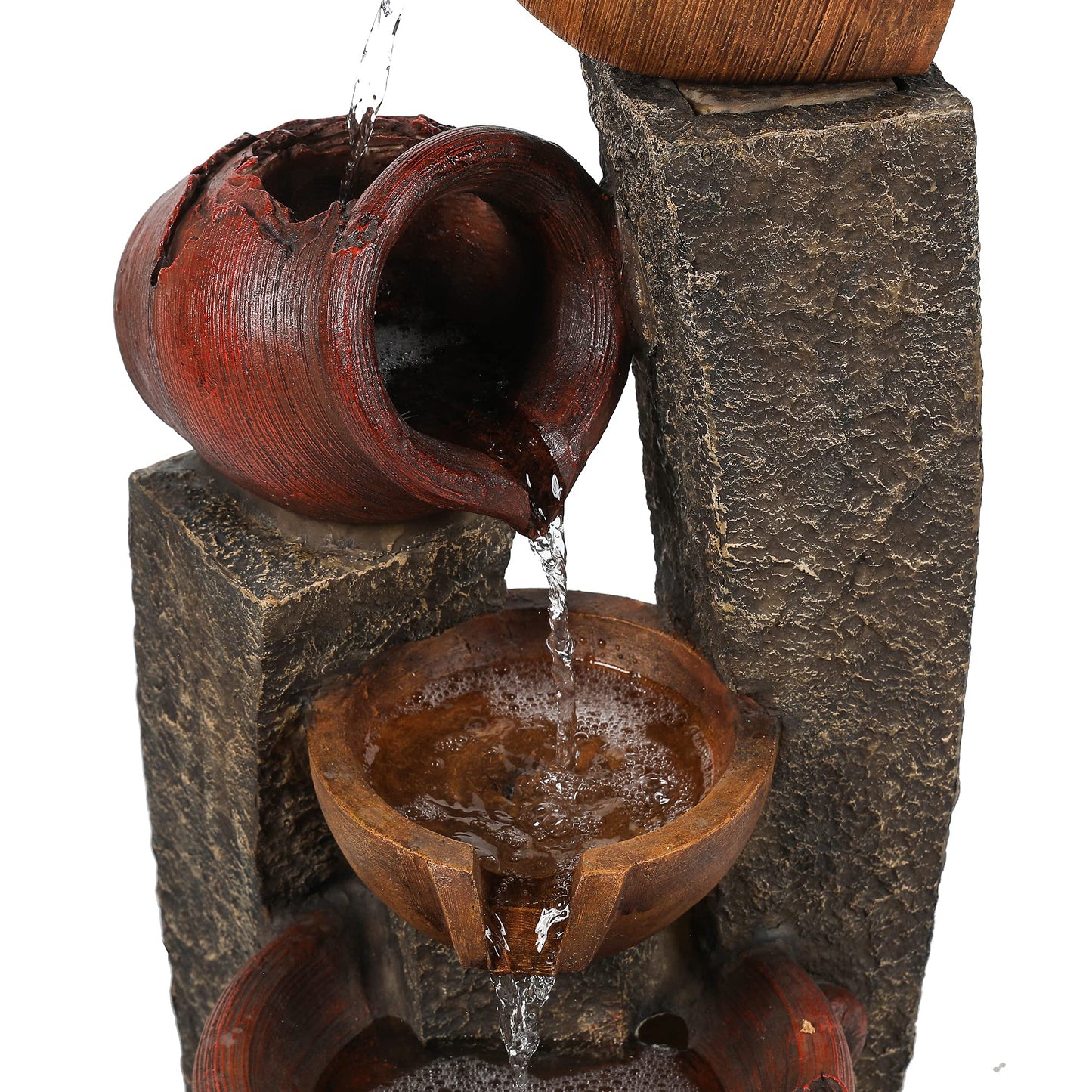 LuxenHome Outdoor Water Fountain, 32 Inch Farmhouse Water Fountain Outdoor with Lights, Cascading Pitchers Po Indoor and Outdoor Fountains and Waterfalls, Garden Water Feature Decor