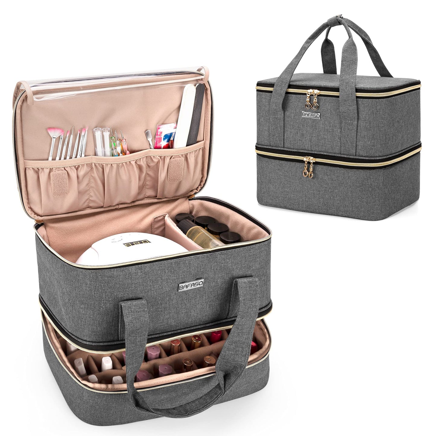 BAFASO Nail Polish Organizer Holds 40 Bottles (15ml - 0.5 fl.oz) and a Nail Lamp, Nail Polish Carrying Case with Manicure Tools Storage Sections (Bag Only), Gray