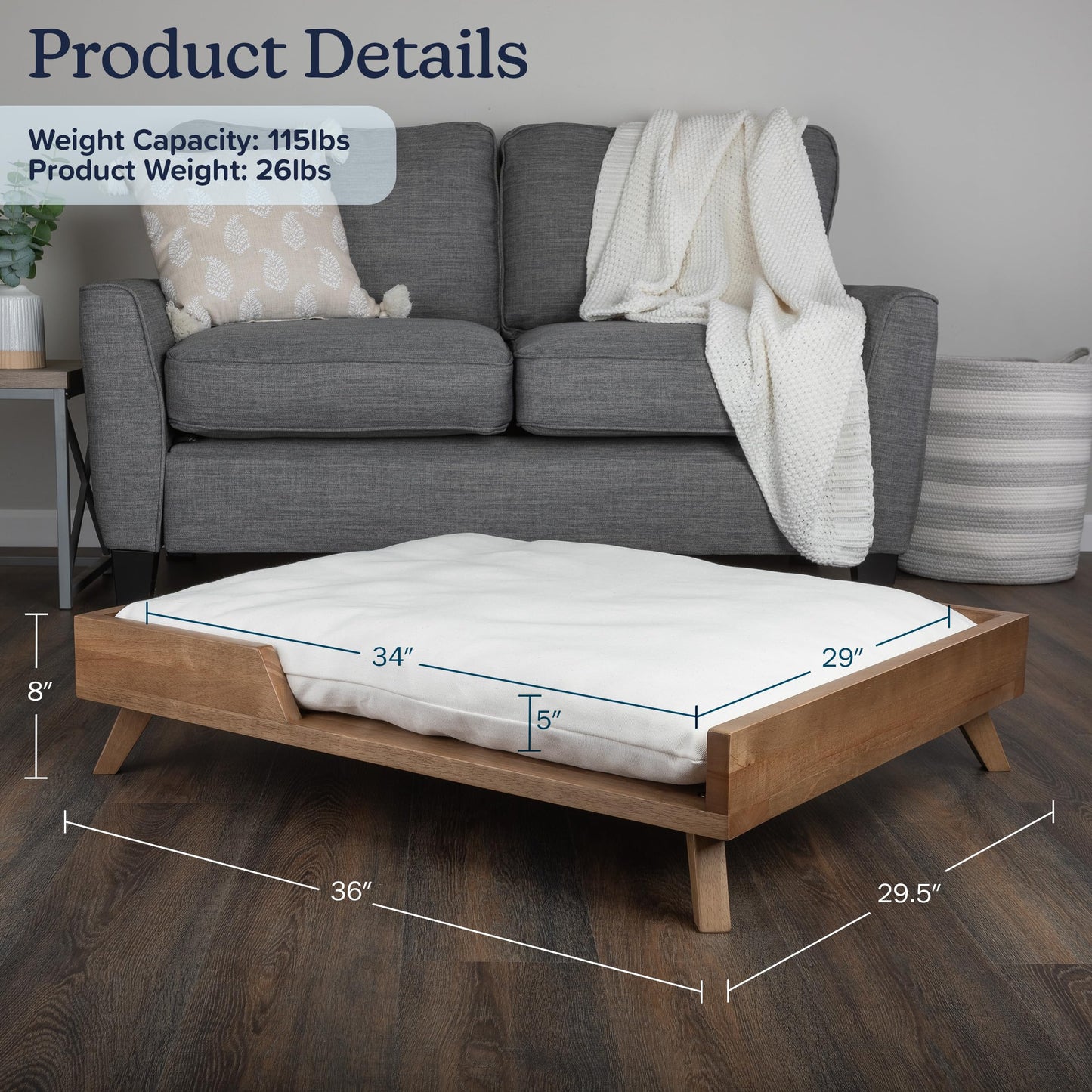 Elevated Dog Bed - 36” x 29.5” Indoor Pet Bed with Frame and Soft Cushion - Mid-Century Modern Wood Dog Bed for Medium to Large Pets by PETMAKER (Natural)