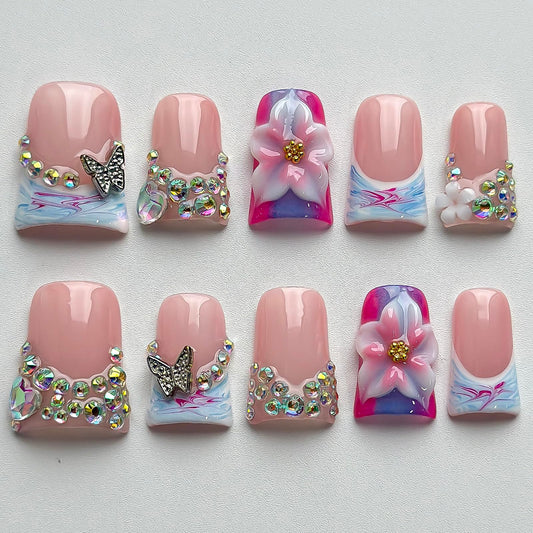 Luxury Press on Nails Short Duck Handmade 3D Unique Reusable ABS Material Fake Nails French Tip False Nails with Designs Flower Butterfly Blue Pink Glossy Glue on Nail Thick Acrylic Nail(S)