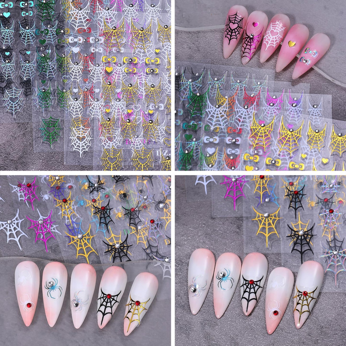 4 Sheets 5D Embossed Halloween Nail Art Stickers Self-Adhesive French Tip Spider Web Nail Decals Laser Gold Silver Rhinestones Spider Nail Designs Stickers Holiday Nails Decoration for Women DIY