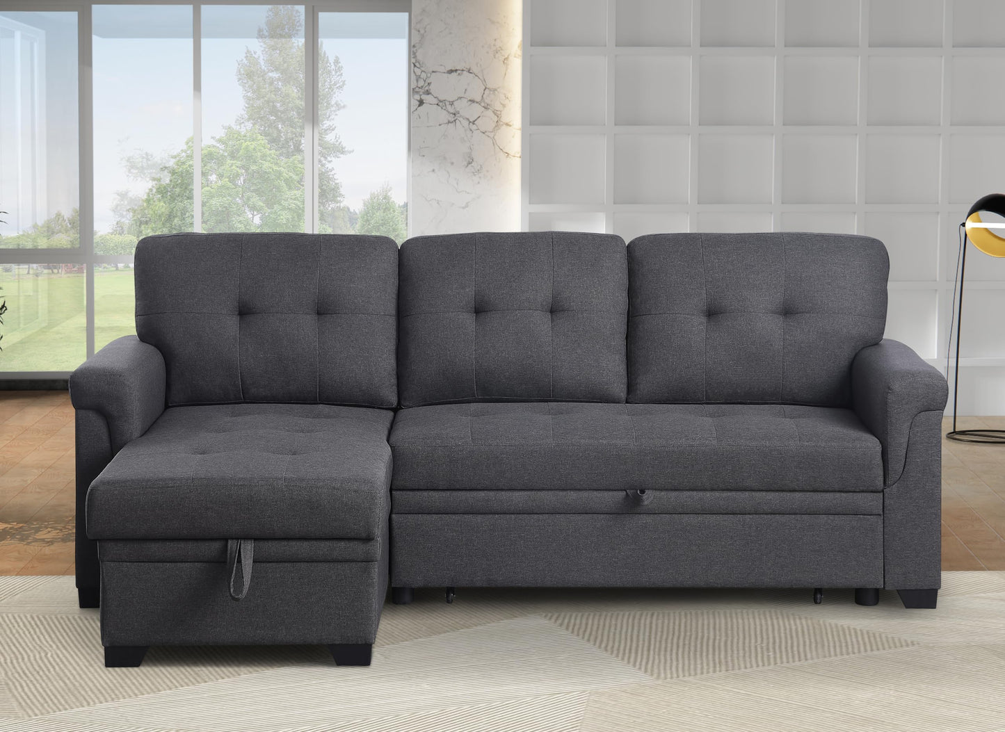 ERYE 83-inch Pull Out Sleeper Couch Bed, L-Shaped Reversible Sleeper Sectional Sofa Linen Blend Tufted Upholstered Corner Convertible Sofa Bed with Storage Chaise