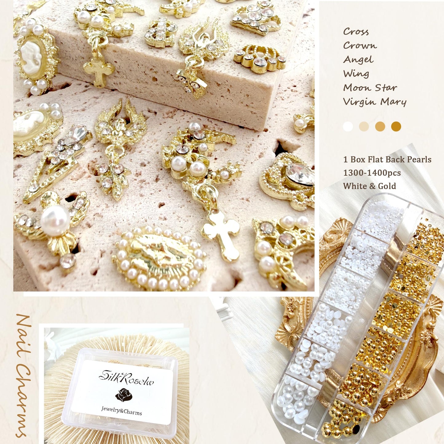 3D Luxury Gold Cross Nail Charms, Flat Back Pearls Bead Crafting, Rhinestones Nail Charms Y2k Cute Crown Star Moon Heart Flower Virgin Mary Angel Dangle Gem Charms Nail Art Nail Chains Bulk