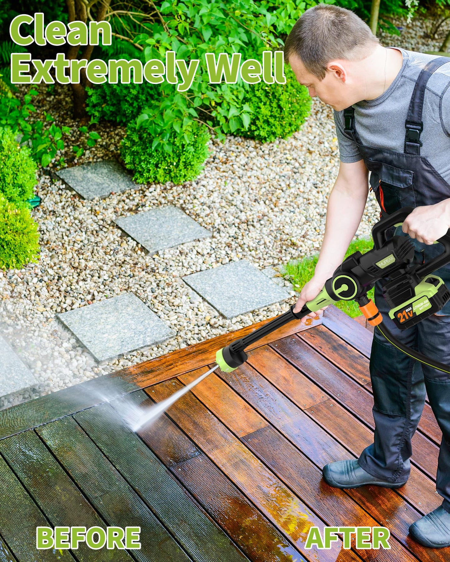MUPEAK Brushless Cordless Pressure Washer, 1100PSI-Cordless Power Washer with 2 Batteries, 6-in-1 Nozzle/3-Modes Adjustable, 21V 4.0Ah Portable Pressure Washers Battery Operated for Car Home, Green