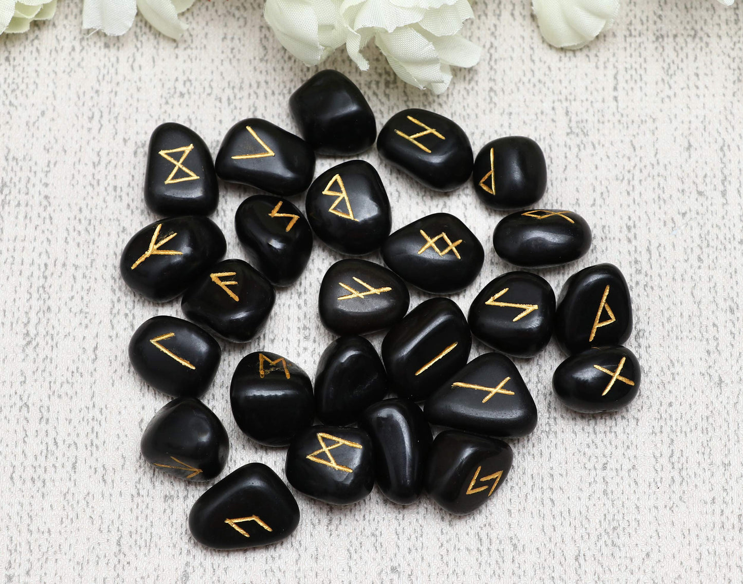Crocon Black Tourmaline Gemstone Elder Futhark Alphabet Engraved Symbol Rune Stone 25 pcs Set for Feng Shui Chakra Balancing Reiki Healing Spiritual Metaphysical Size: 2025 mm