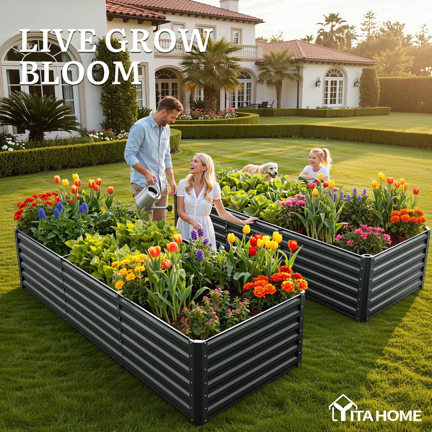 YITAHOME 8x4x2ft 2pcs Large Raised Garden Bed, Galvanized Metal Planter Box with Gloves, Ground Nails, Support Rod & Safety Rubber, Outdoor Above Ground Planters for Plants Vegetables Flowers, Black