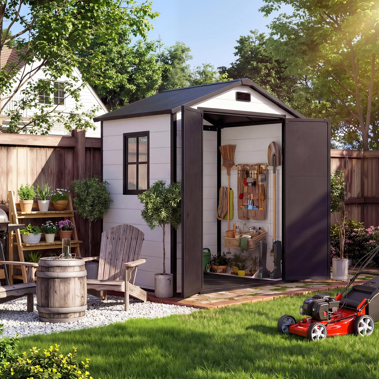 6x4 FT Outdoor Storage Shed with Floor, Plastic Resin Garden Shed with Window & Sloping Roof & Lockable Door for Patio Backyard Garden, Lawn Mower, Bike, Tool Storage