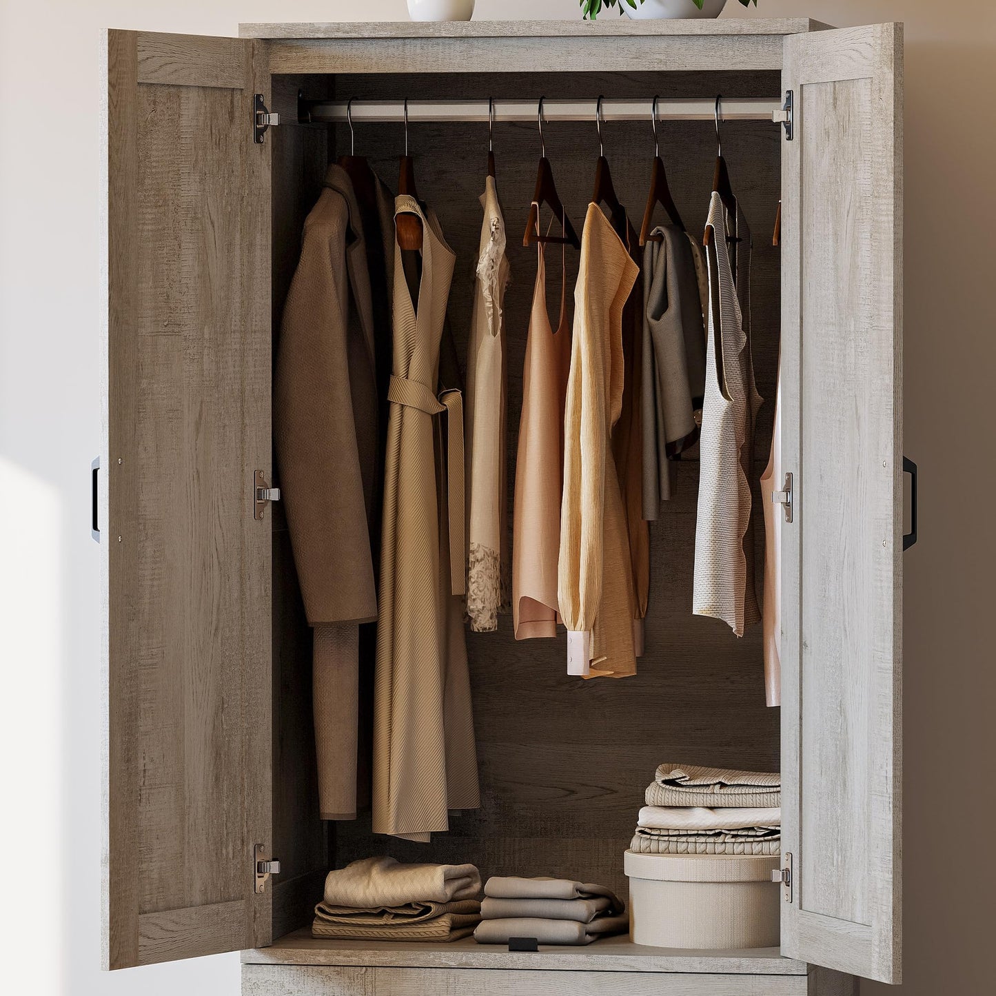 LIKIMIO Armoire Wardrobe Closet with 2 Doors and 2 Drawers 70" H x 28" W Wooden Bedroom Freestanding Wardrobe Combination for Hanging Clothes, Rustic Maple