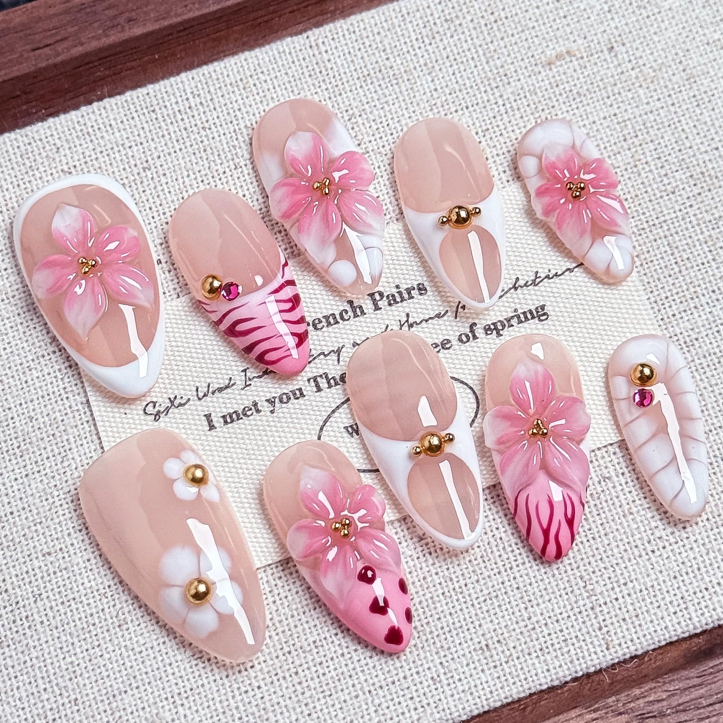 10PCS Pink Floral Press-On Nails - 3D Romantic Spring Blossom Nails, Nude & Pink Girly Elegant Pastel Flower Acrylic UV Gel Fake Nails for Women (Pink, XS)