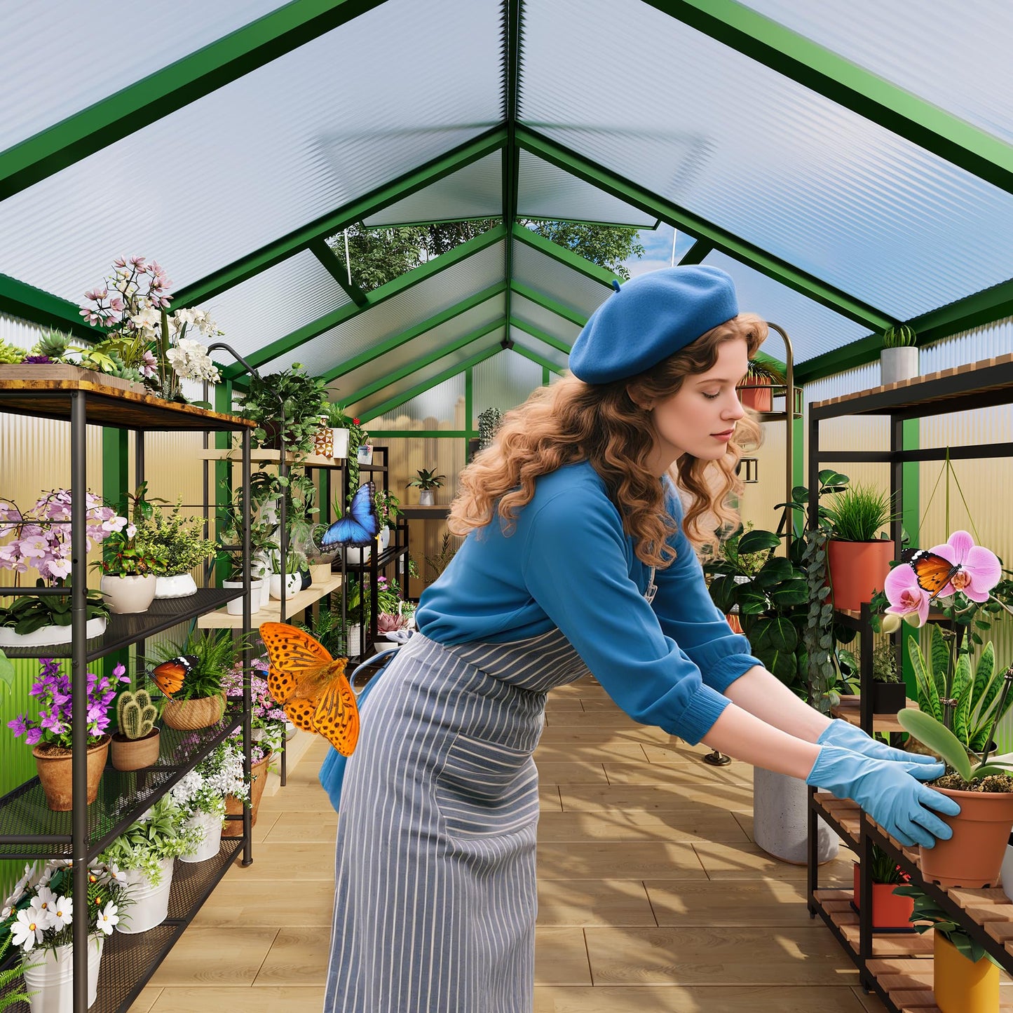 6X6 FT Greenhouse for Outdoors, Large Walk-in Polycarbonate Greenhouse Kit, Aluminum Frame, Lockable Door, Roof Vent, Ground Spikes, for Garden, Patio, Backyard, Outdoor Plant Growth
