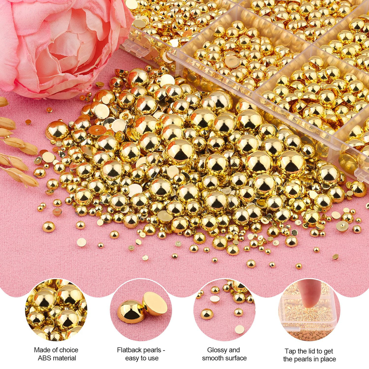 11000Pcs Flatback Pearls for Crafting (Gold), Assorted Size 2/3/4/5/6/8/10mm Non Hotfix Half Pearl, Bedazzling Bead for DIY Crafts Clothing Tumblers Mugs Shoes Fabric Embellishment Nail Art Makeup