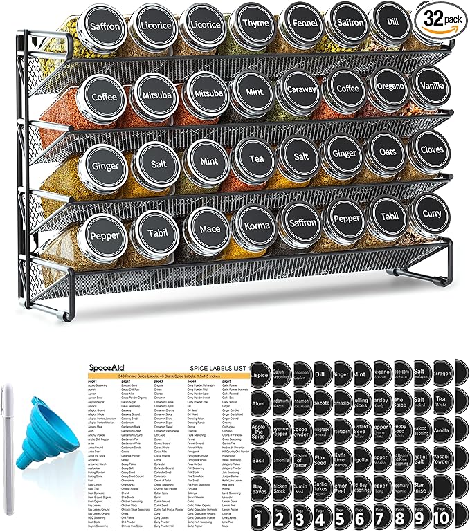 SpaceAid Spice Rack Organizer with 32 Spice Jars, 386 Spice Labels, Chalk Marker and Funnel Set for Cabinet, Countertop, Pantry, Cupboard or Door & Wall Mount - 32 Jars, 15.3" W Ã 10.8" H, Black