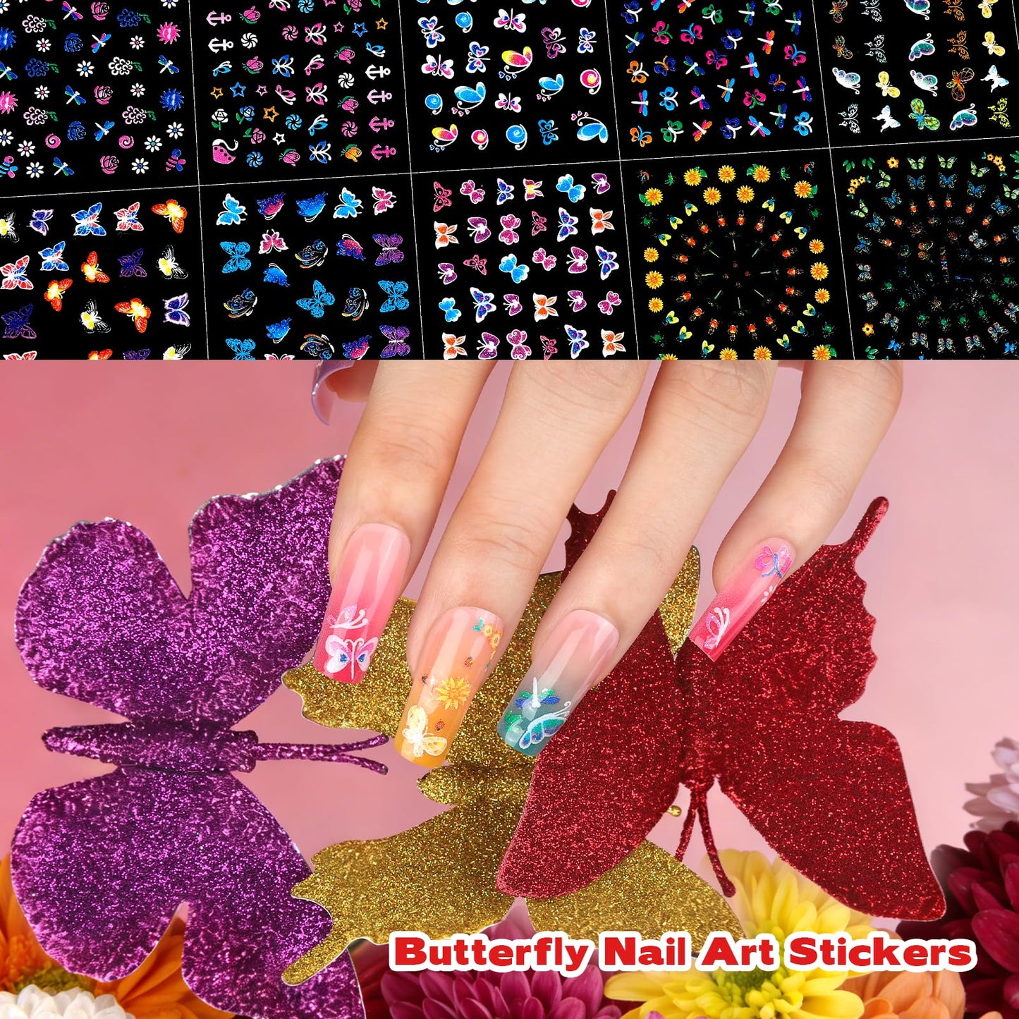 Teenitor 50 Sheets Nail Stickers for Kids, 3D Cute Girls Nail Art Stickers, Heart Flower Butterfly Bow Nail Decals for Nail Art, Fingernail Stickers for Women, Self Adhesive Nail Decorations in Summer