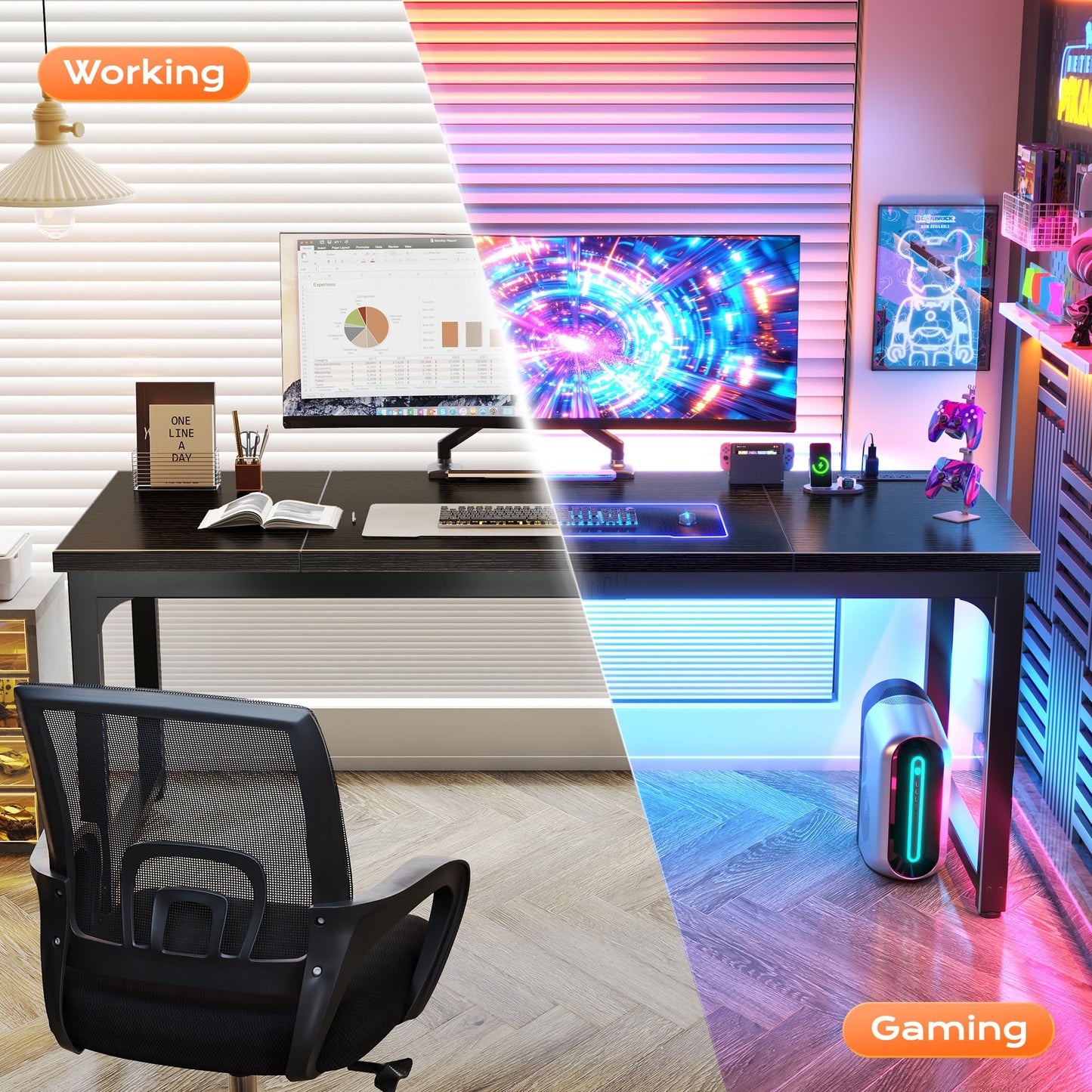 Huuger 63 x 24 inch Desk with Power Outlets & USB-C, Deeper & Thicker Desktop, Robust Metal Tubes, Computer Desk, Heavy Duty Office Desk, Work Gaming Desk, for Home Office, Black
