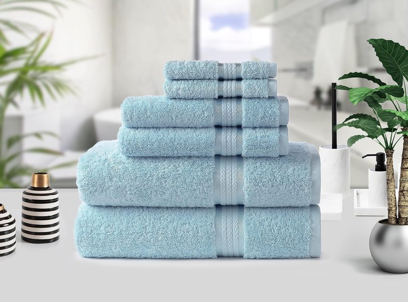 COTTON CRAFT Ultra Soft 6 Piece Towel Set - 2 Large Bath Towels, 2 Hand Towels, 2 Washcloths - Absorbent 580 GSM Quick Dry Everyday Luxury Hotel Bathroom Spa Gym Shower Pool - 100% Cotton - Light Blue