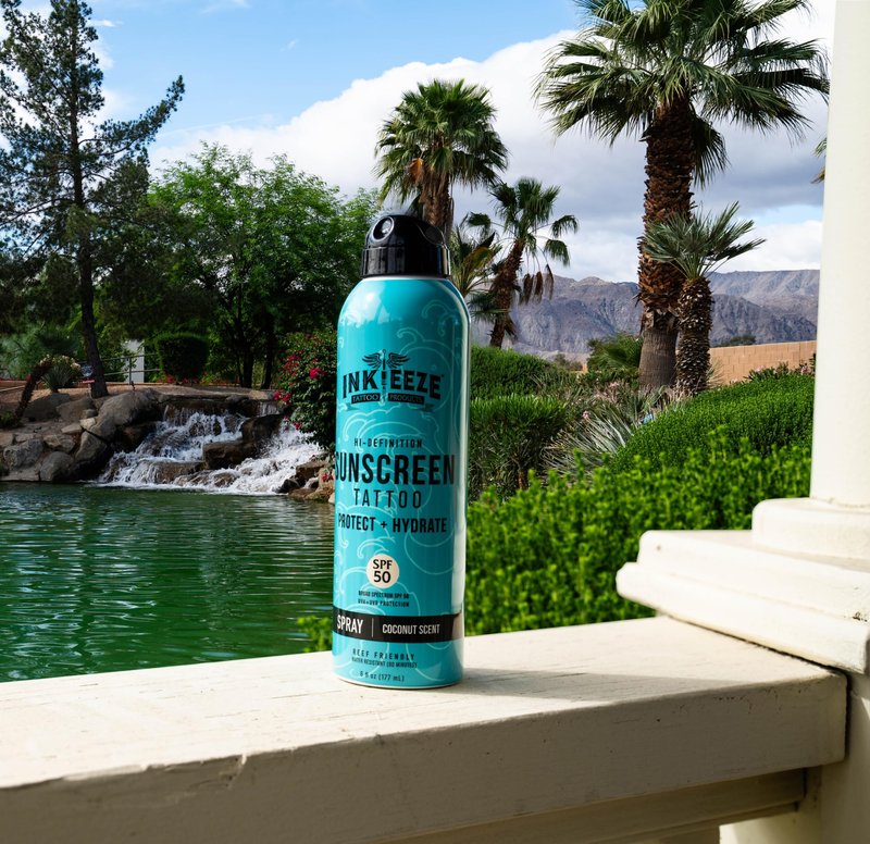 INK-EEZE Tattoo Sunscreen Spray SPF 50, UVA/UVB Blocking, Dries Clear, Ozone Reef Friendly, Vegan, Made in USA, Coconut, 6oz spray
