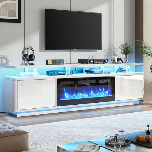 OneBlis 80" Fireplace TV Stand with Double LED Lights for TVs UP to 80", Electric Fireplace Entertainment Center with Storage Cabinets, TV Console for Living Room, Office, White