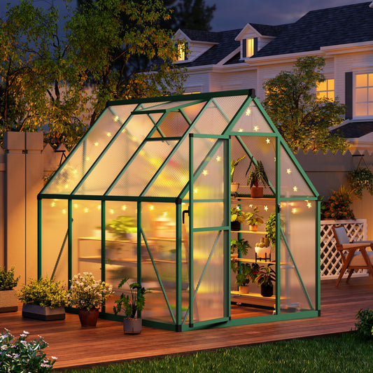 CABIHOME 6x7 FT Outdoor Greenhouse, Polycarbonate Greenhouse with Roof Vent and Ground Nails, Aluminum Large Walk-in Green House w/ Lockable Push Door for Outside Garden Backyard (Green, 6x7 FT)
