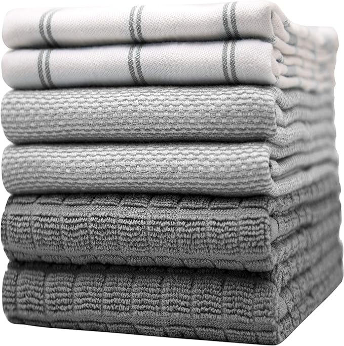 Premium Kitchen Towels (20âx 28â, 6 Pack) | Large Cotton Dish Towels | Flat & Terry Highly Absorbent Kitchen Linen Set with Hanging Loop | Grey Check