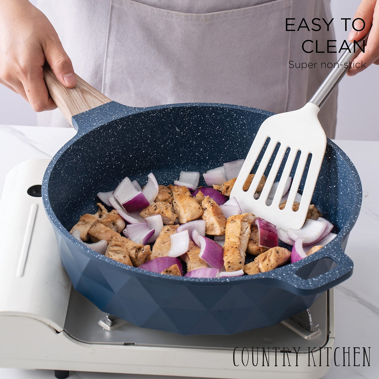 Country Kitchen Non-Stick Cast Aluminum Cookware Set - Durable Kitchen Cookware for Everyday Cooking, Navy Diamond, 11 Pc.