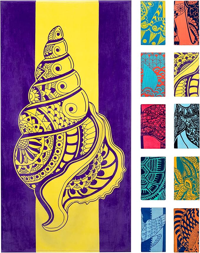 Nova Blue Seashell Beach Towel (34 X 63) â Purple & Yellow Travel Beach Towel Made from 100% Cotton â Unique Adult Beach Towels with Tropical Design - Compact BeachTowel