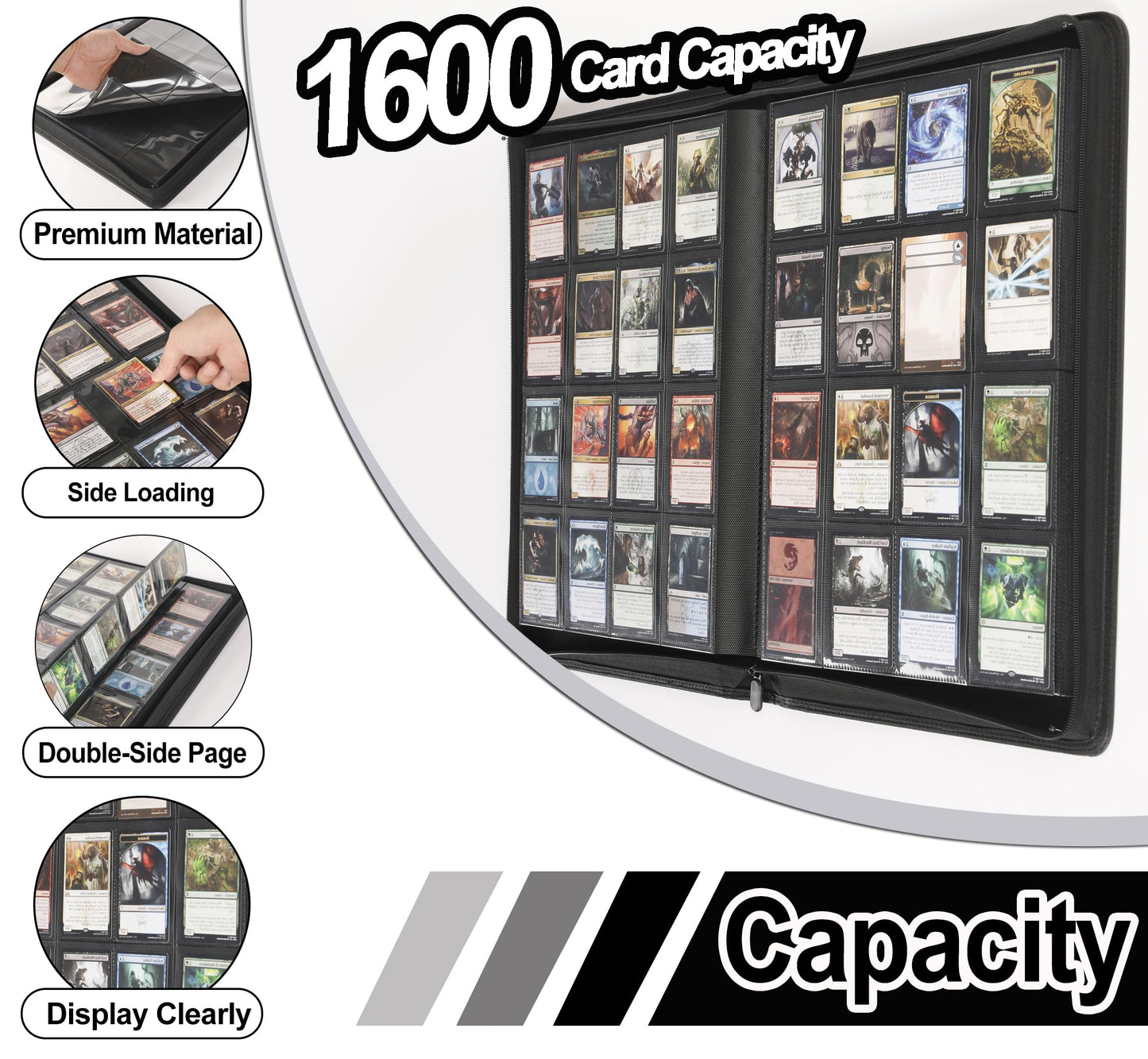 Premium Card Binder 16 Pocket - Fits 1600 Cards，4X4 Ringless Card Album with Sleeves for Trading Cards & Sports Cards（Model C，Classic Black）